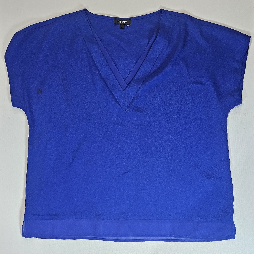DKNY Blouse Womens Large Royal Blue Layered V-neck Versatile Office Top (FLAW)‎